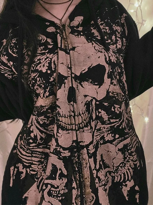 Y2K Women's Clothing Sweatshirt Long Sleeve Pullover Print Vintage Clothes Dark Punk streetwear skull Wash Old High Street Tops