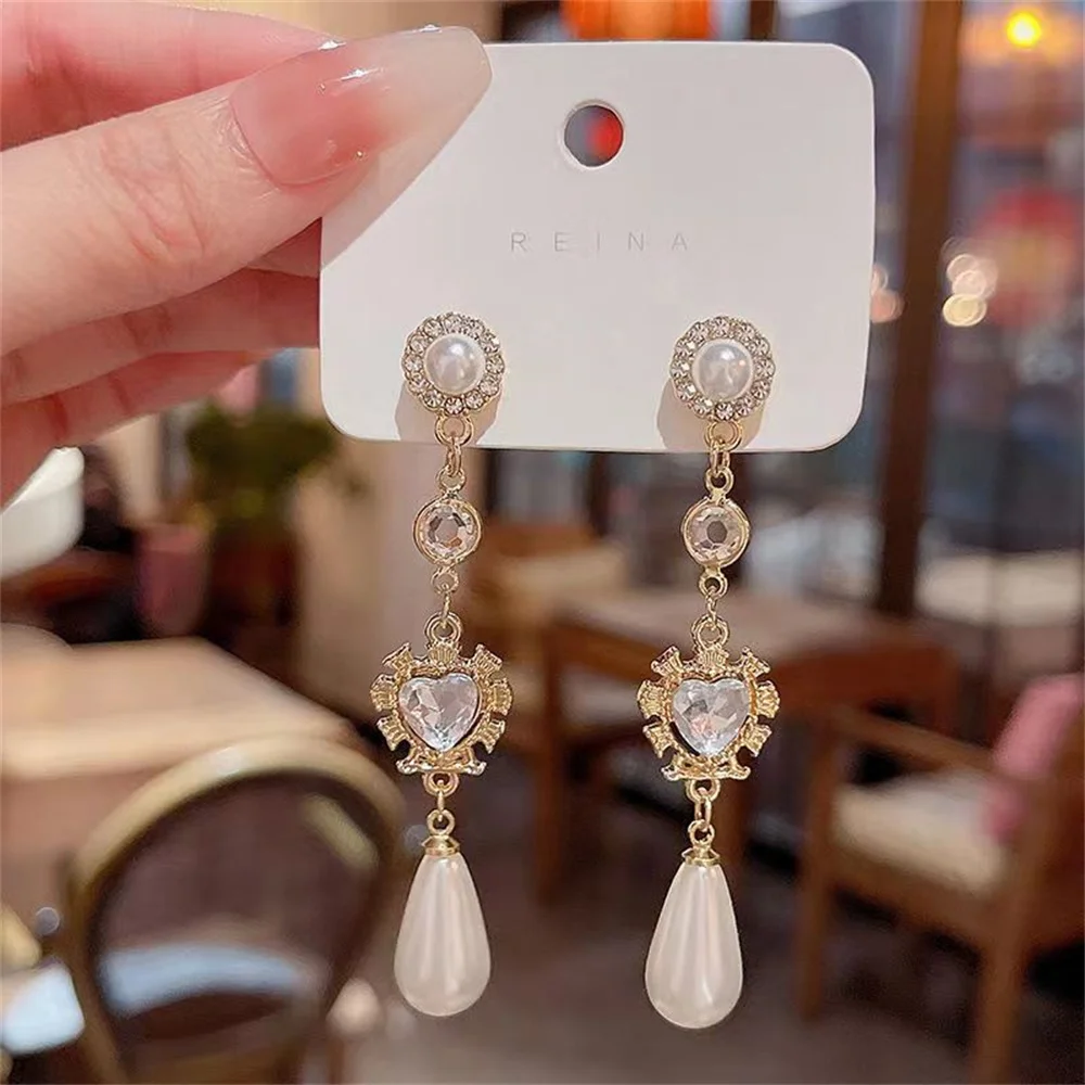 Shiny Temperament Crystal Drop Earrings For Women Pearl Rhinestone Heart Pendant Earrings Retro Long Tassel Charm Jewelry Sets