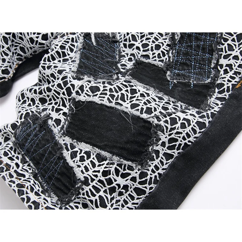Summer Men's Denim Shorts Flower Rose Embroidered Breeches Fashion Spider Web Letter Embroidered Black Straight Jeans