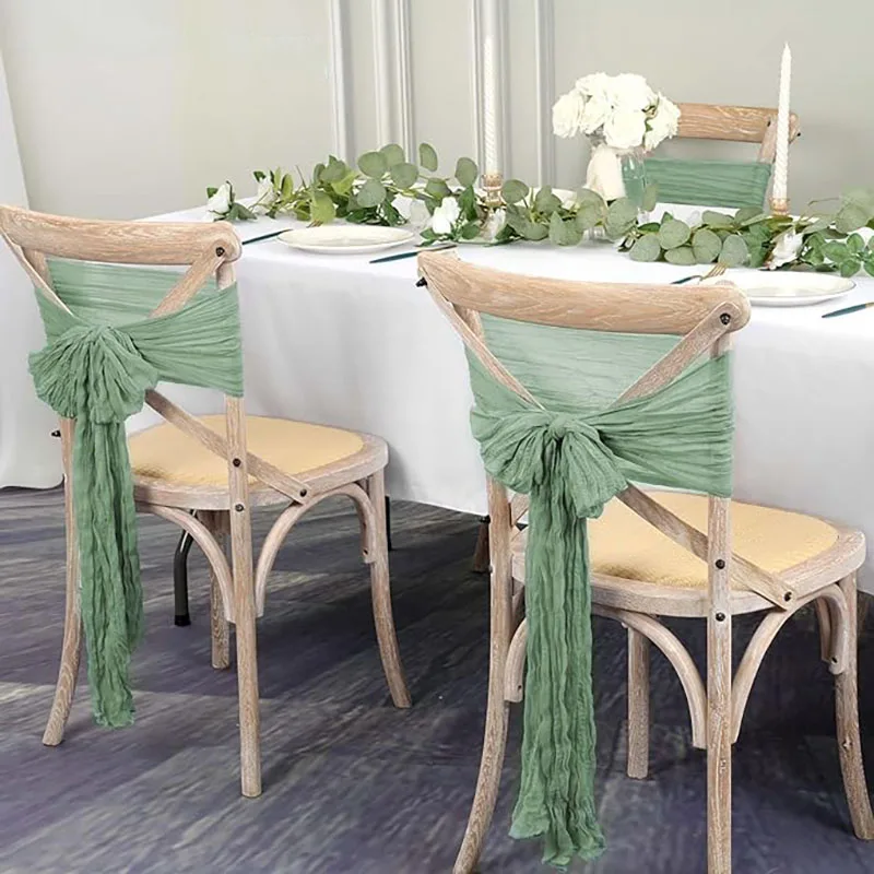 10pcs Sage Green Cheesecloth Chair Sashes Rustic Bowknot Designed Chair Cover for Wedding Banquet Party Chair decor 90X180cm