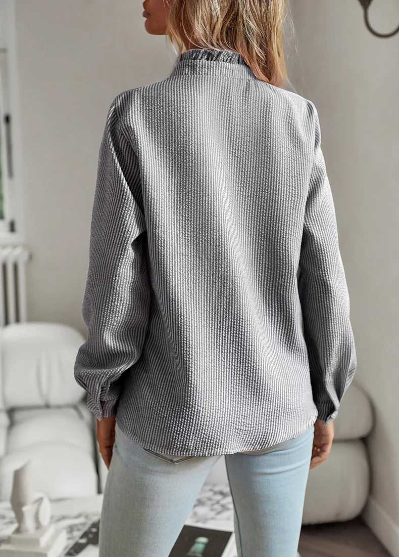 Fashion Ruffles Stripe Women Shirt Long Sleeve Elegant Office Blouse White Top Spring Summer Causal Solid Simple Shirts Tops
