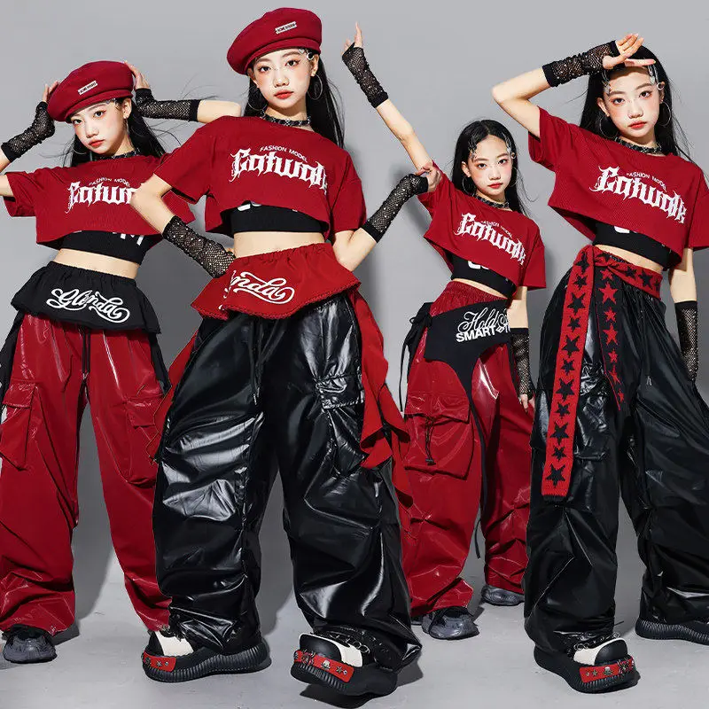 

Детская одежда для джазовых танцев, сценический костюм для выступлений в стиле K-pop, одежда для выступлений девичьих групп, модный костюм в стиле хип-хоп, красно-черный танцевальный костюм 3393