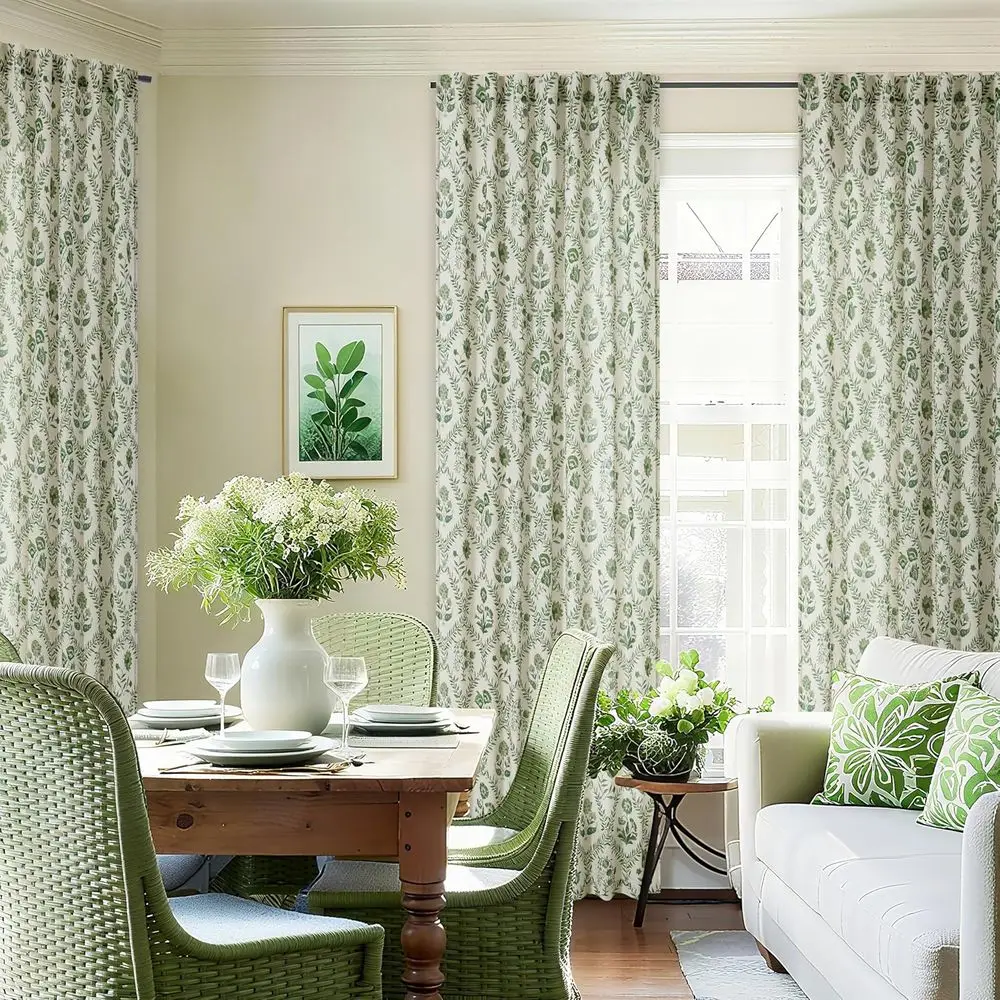 Olivgrüne Blumenvorhänge 120 für Wohn-/Esszimmer, Bauernhausstil mit Blatt- und Pflanzenmuster