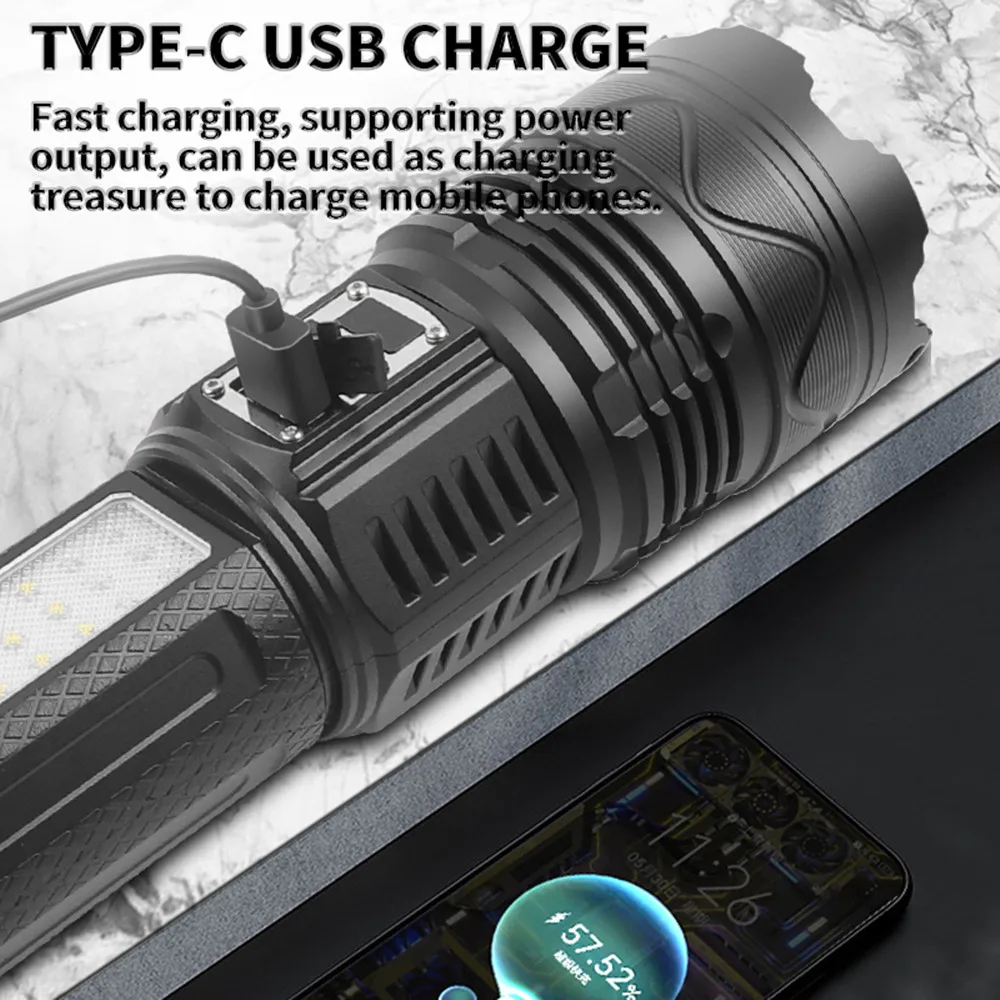 Powerful 100W LED Flashlight Long Range Charging Zoomable Emergency Torch Outdoor Flashlight Power Display Function