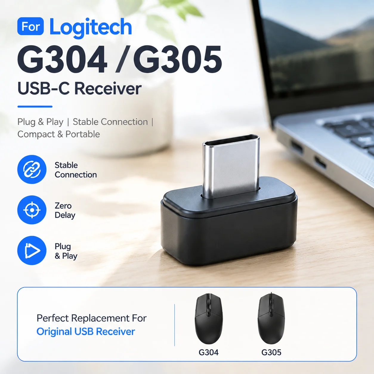 For Logitech G305 G304 Type-C Mouse Receiver Adapter Replacement Type-C Receiver Dongle Plug USB-C Adapter Wireless Gaming Mouse