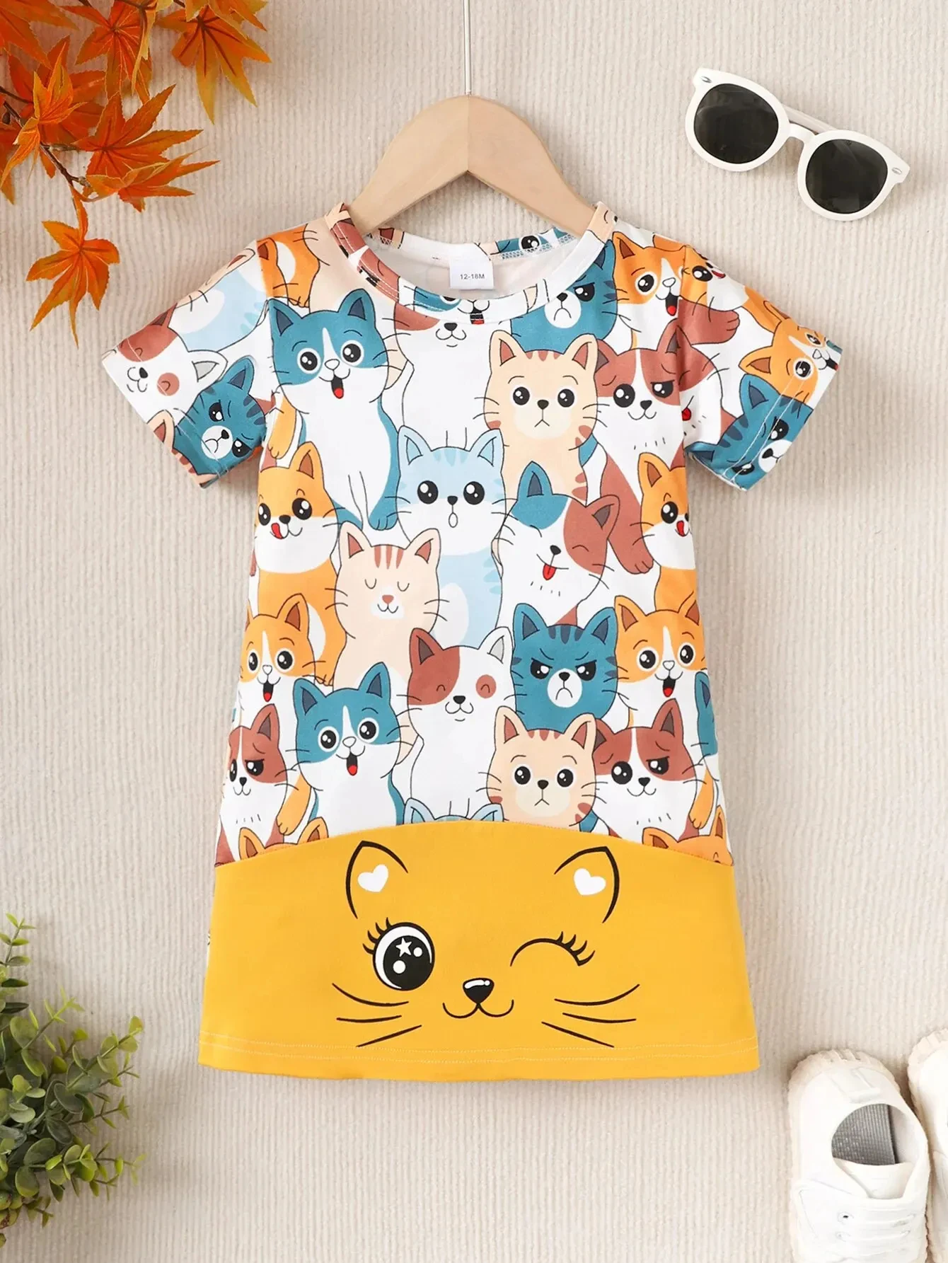 Girls Dresses Short Sleeve Round Neck Cute Cat Print Home Stretchy Nightgown Street Knee A-line Dress Beach Holiday Dresses