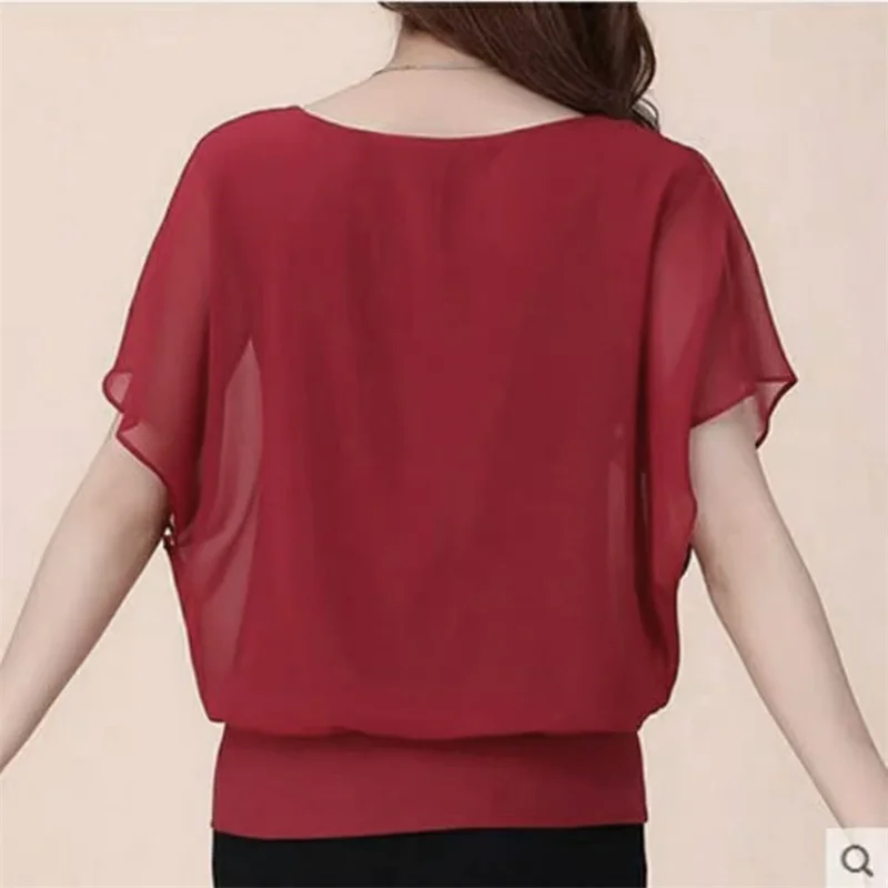 Plus Size L-5XL Chiffon Blouses Pullover 2025 Summer Shirt Elegant Sheer Short Sleeve O Neck Solid See-though Ruffle Women Tops