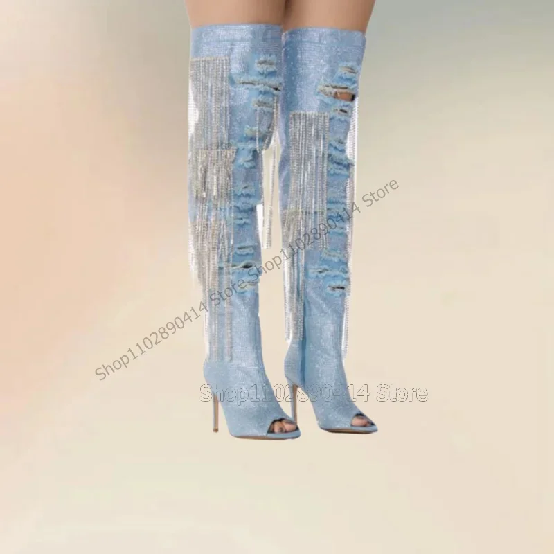 Borlas de cristal, volantes azules, botas con punta abierta y purpurina, Zapatos de Mujer con cremallera lateral, tacones altos finos, nueva moda 2023, Zapatos Para Mujer