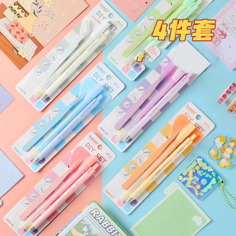 4pcs/set Macaron Tweezers Scraper Glue Sticks Pen DIY Scrapbooking Basic Tools Kit Pen Knife Paper Cutter for Journal Planner