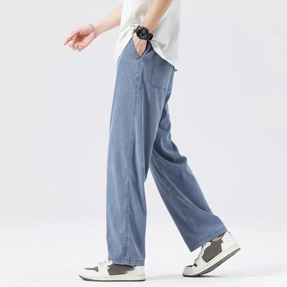 Button Zipper Closure Jeans Stylish Men's Ice Silk Denim Pants Elastic Waist Wide Leg Trousers with Pockets for Summer Casual