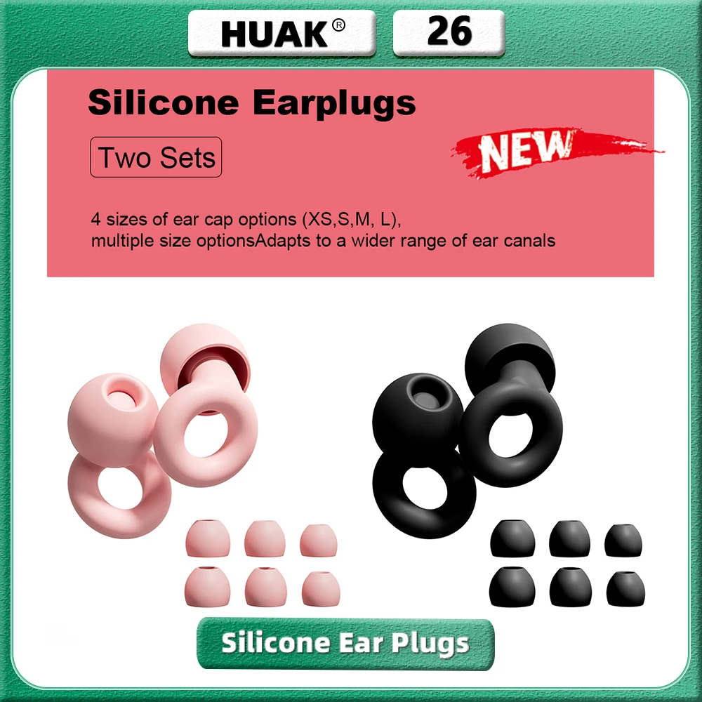 HUAK مجموعتان من سدادات الأذن الهادئة لتقليل الضوضاء - فائقة النعومة وقابلة لإعادة الاستخدام لحماية السمع للنوم، تعمل 8 أطراف أذن في XS/S/M/L
