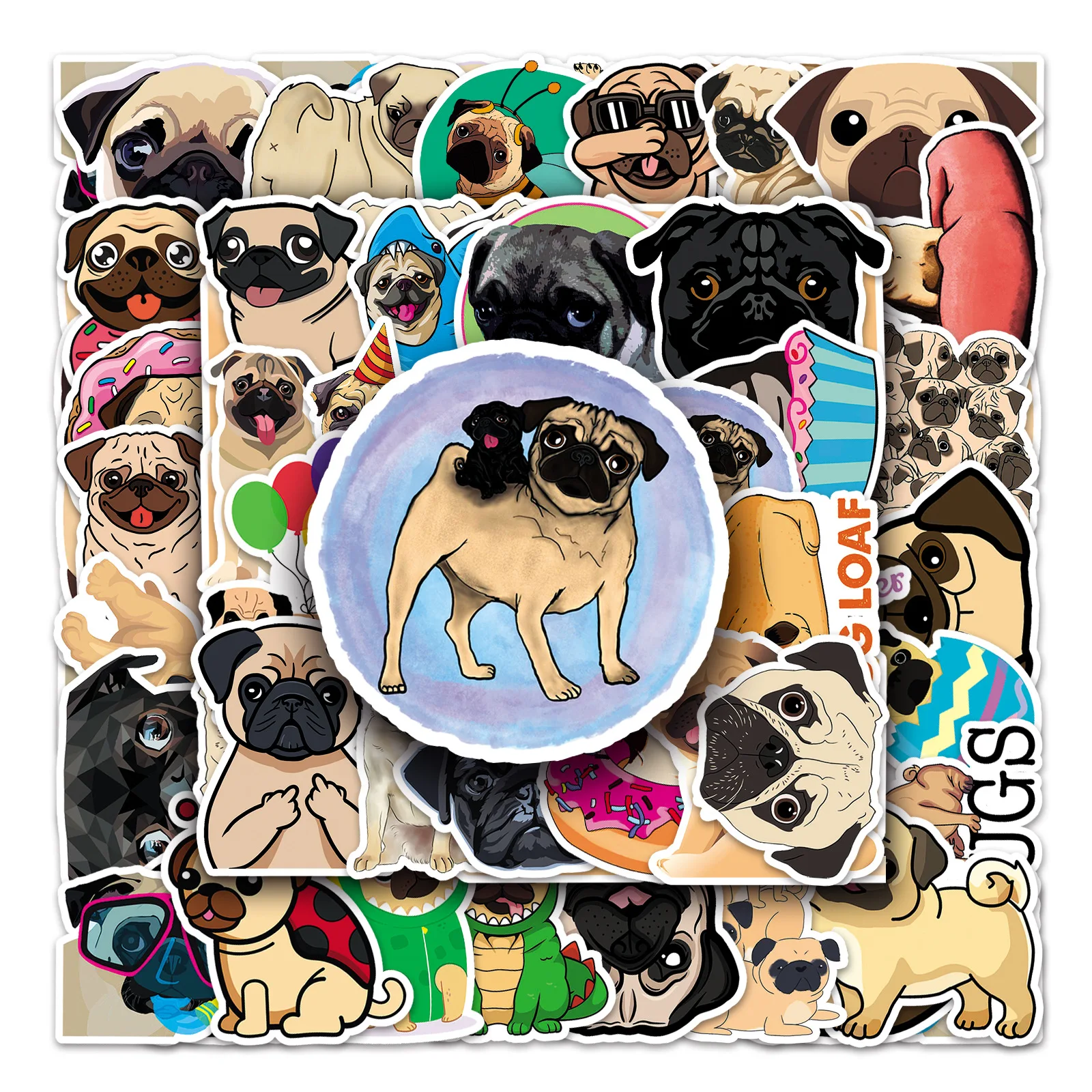 

50PCS Pug Dog Stickers Cartoon Animal Cute Pet Can Be Decorated Laptop Luggage Laptop Guitar iPad Waterproof Sticker Kids Toy
