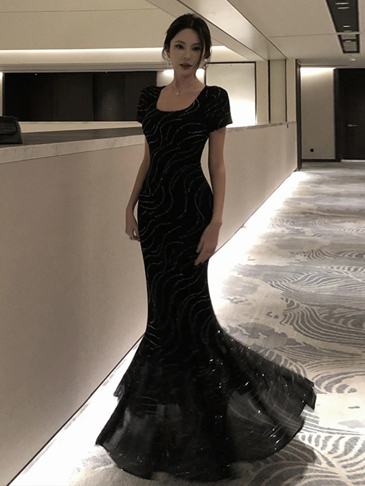 French Style Elegant Party Dress Women Celebrity Fashion Black Bright Rhinestone Long Fishtail Robe Female Evening Prom Vestidos