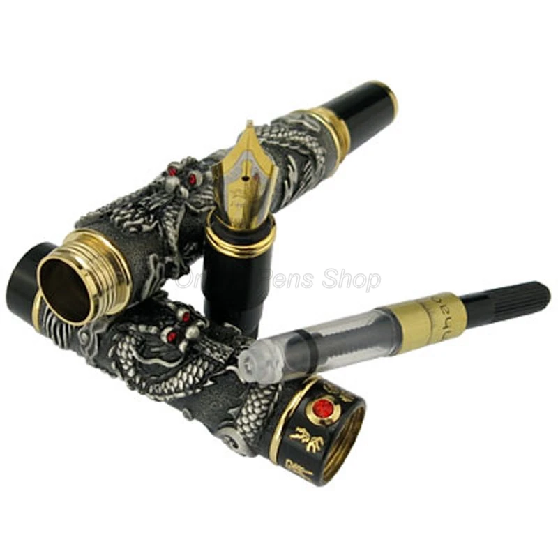 Jinhao Ancient Gold And Grey Fountain Pen Double Dragon Playing Pearl Metal Carving Embossing Heavy Pen Gold Writing Gift Pen