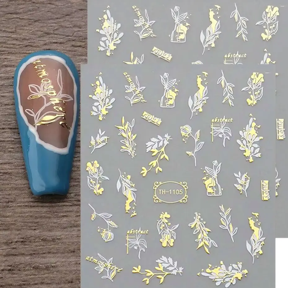 2 Stück 3D-Bronzing-Blätter-Aufkleber für Nägel, abstrakte Linien, Malerei, Abziehbilder, weiße Streifen, Blumen, selbstklebende Schieber, Dekoration