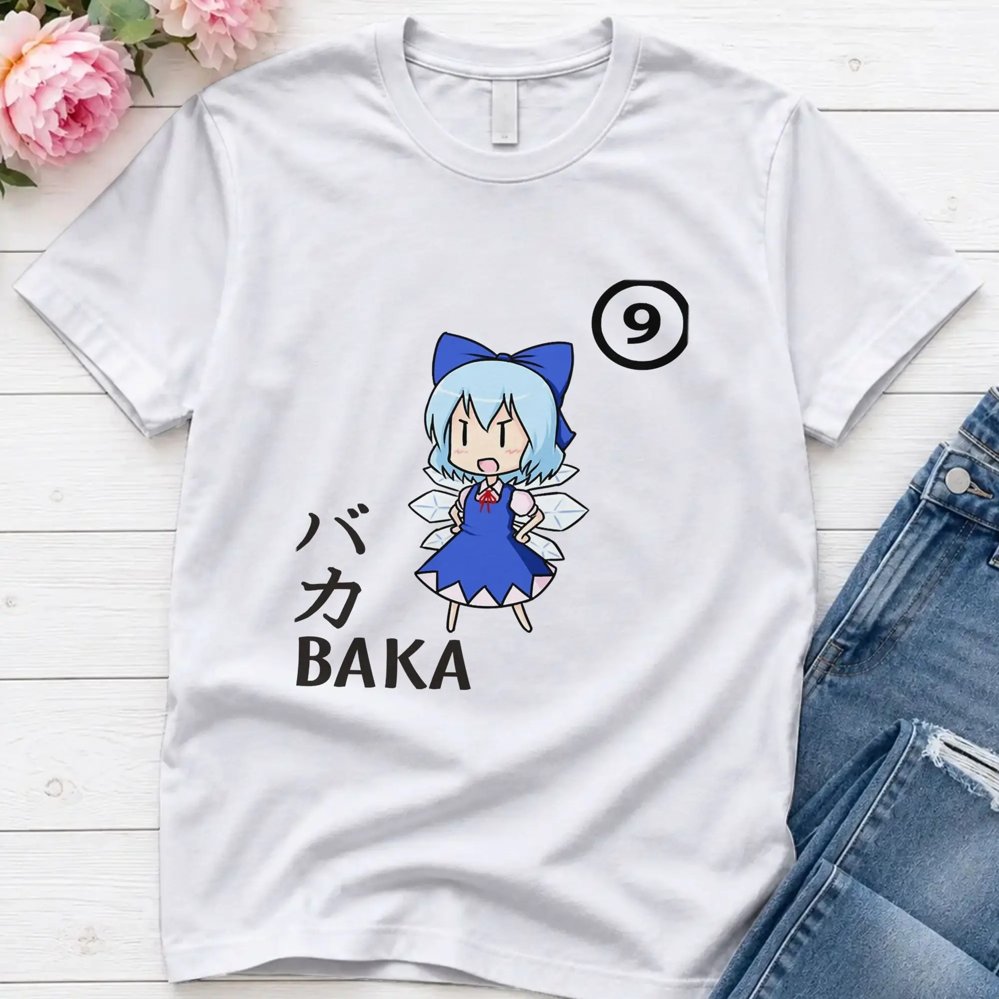 Baka!! Cirno Strong! T-Shirt Summer Touhou Project Cotton T Shirts For Mens Hipster Print Tshirt Short Sleeve Classic Top Tees