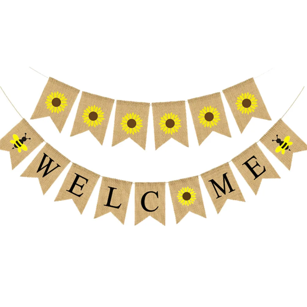 

2 set Sunflower Bee Flag Bunting Linen Welcome Banner Swallowtail Garland Party Decorative Props Wedding Birthday Decoration