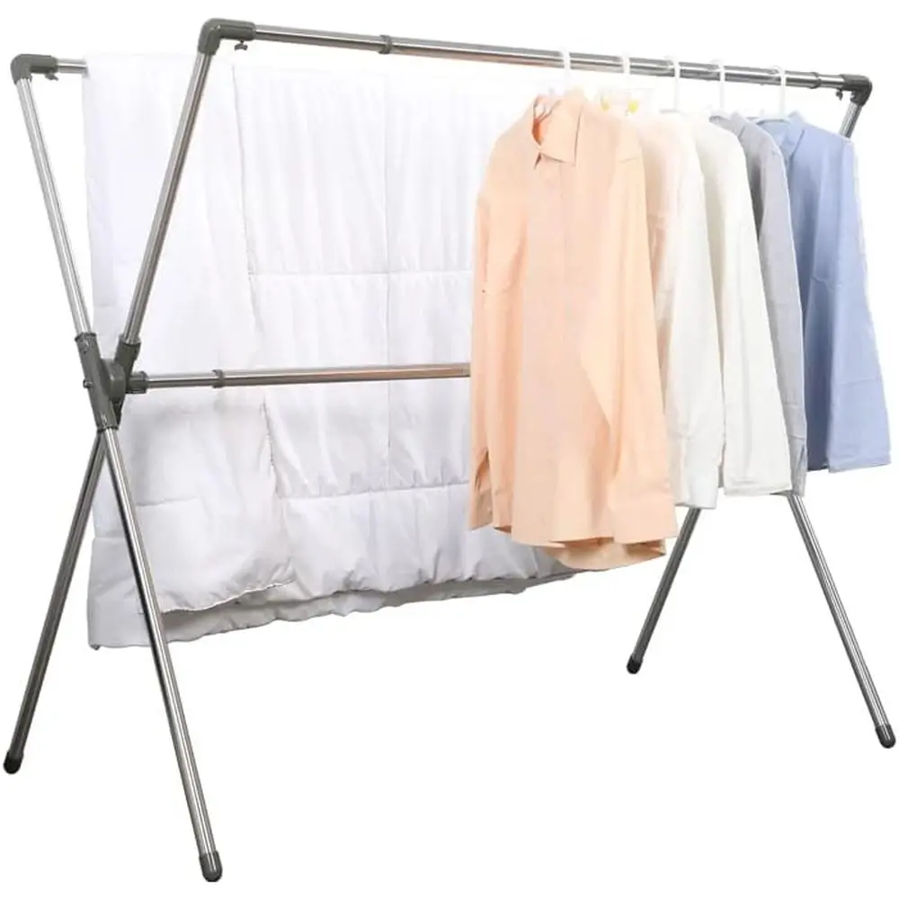 

Регулируемая металлическая двухстоечная сушилка для белья с X-образными перекладинами для хранения, серая