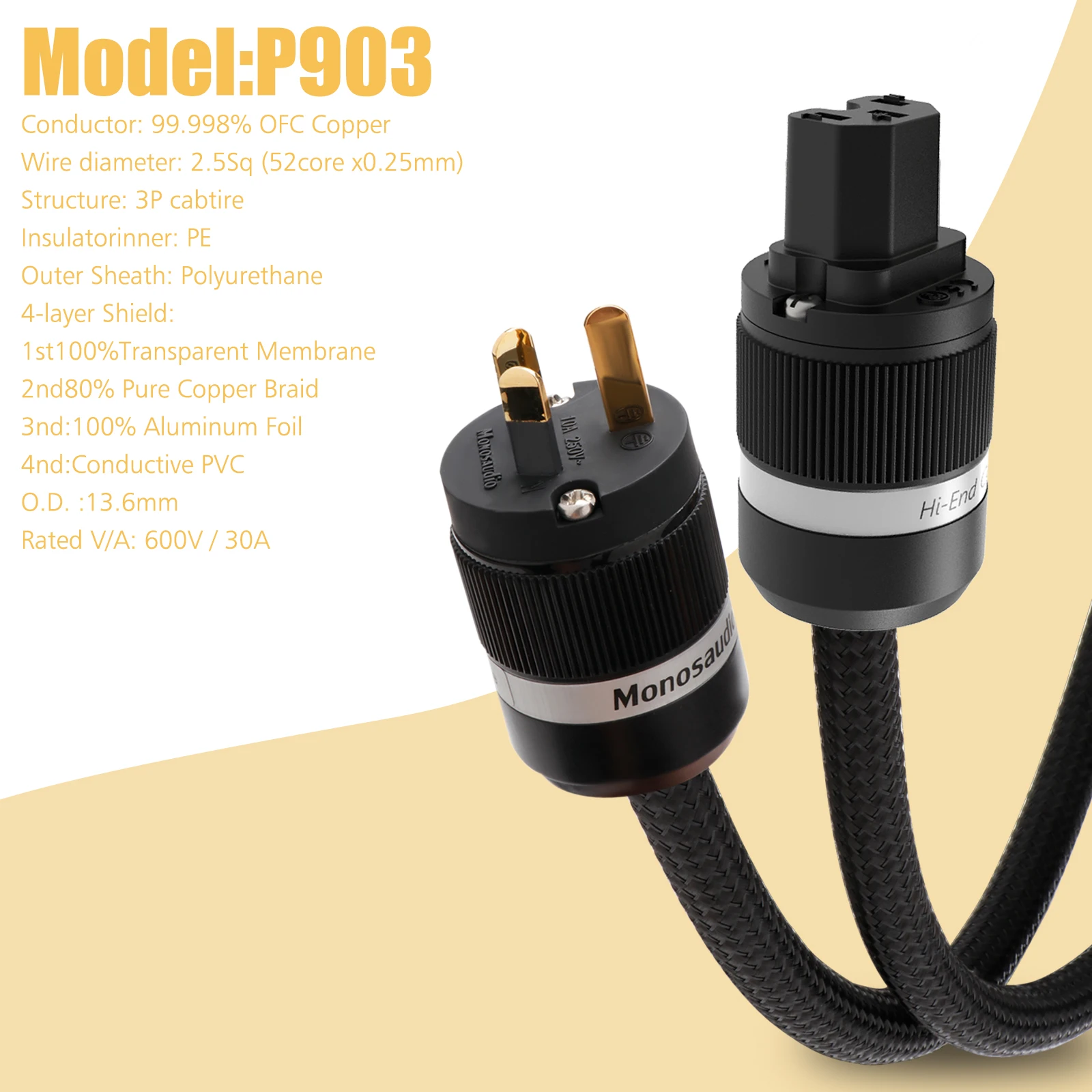 Monosaudio Tsunami Series P903 HiFi OFC Schuko Power Cord Cable AC AU N2 Mains Power IEC C15 female plug Hi-ned Power cable