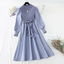 Eleganti donne solide vestono moda coreana mezzo collo alto manica a sbuffo giuntura abiti in maglia autunno Vintage velluto a coste muslimah