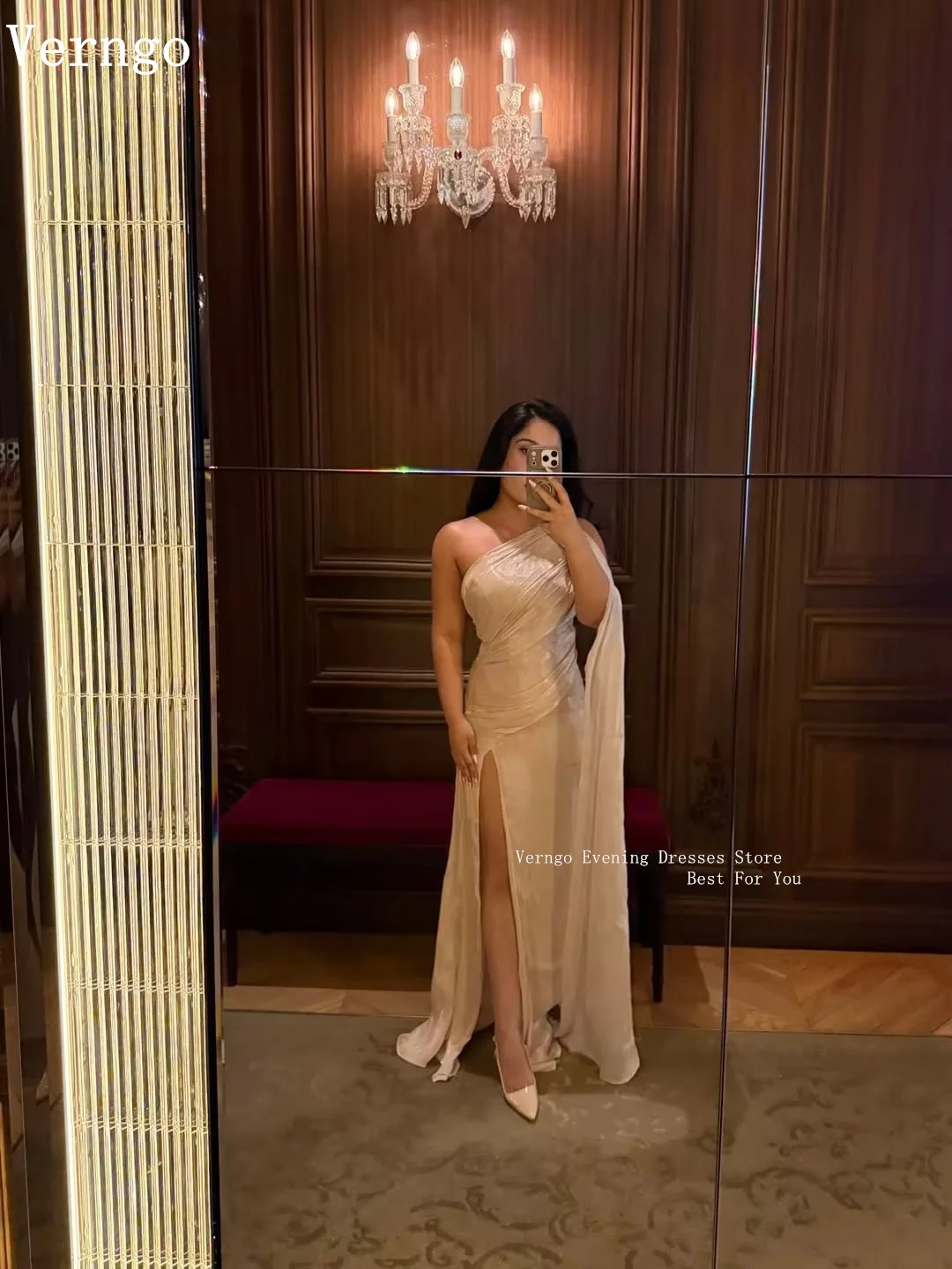 Verngo Shiny Satin Evening Dress One Shoulder A Line Pletaed Side Slit Party Dresses Elegant Modern Prom Gowns Customized