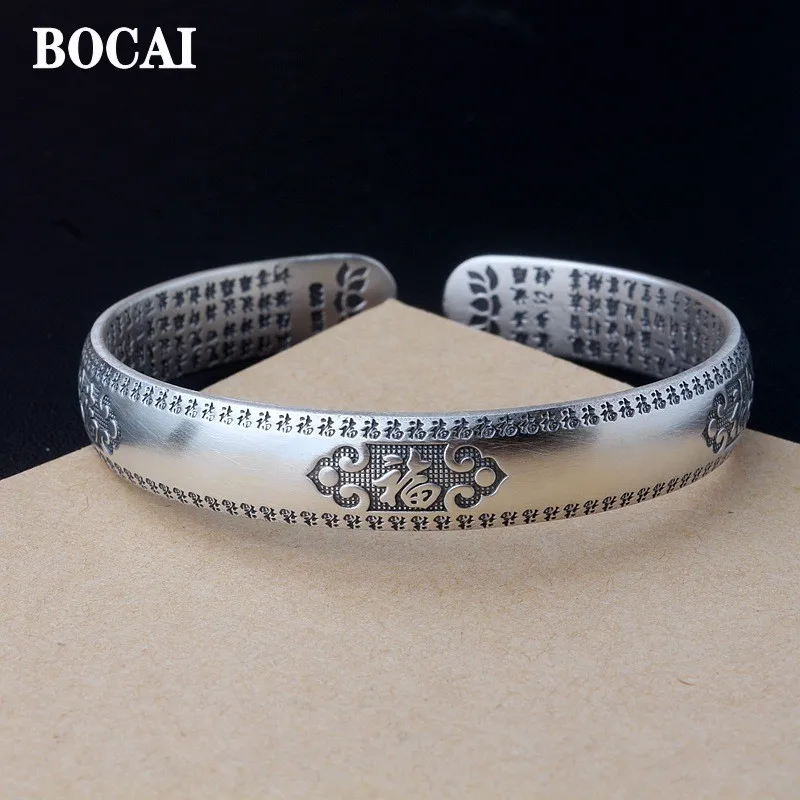 

BOCAI New 100% S999 Silver Vintage Handmade Heart Sutra Baifu Women Bracelet Good Luck Jewelry Accessories Birthday Gift