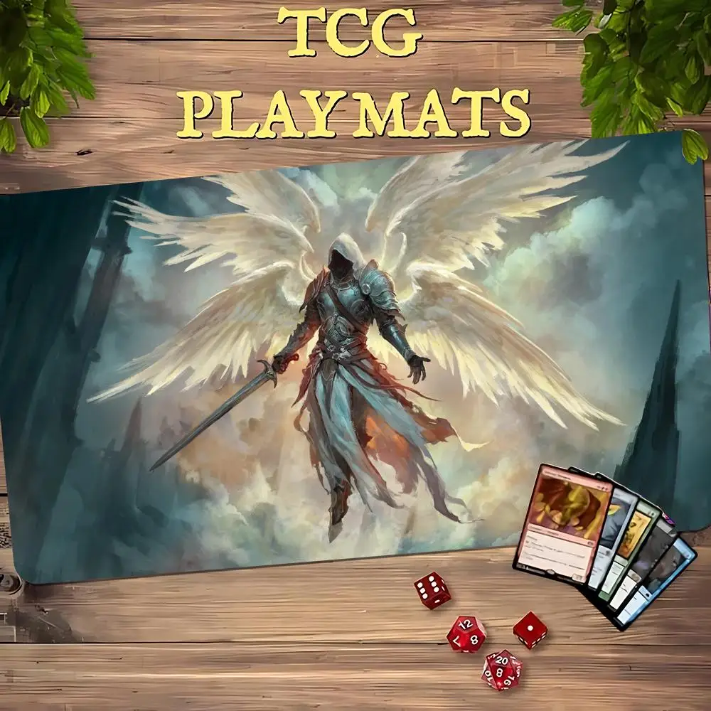 Six Wing Hooded Angel TCG Playmat 35X60CM Armor Sword Paladin Magic Card Mat Non-Slip Durable Stitched Edge Tabletop Playmat