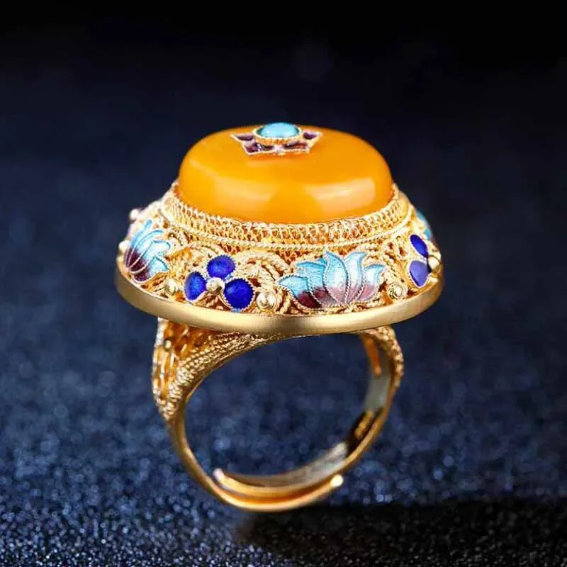 Ancient gold craftsmanship palace style natural yellow chalcedony lotus enamel porcelain rings for women luxury dinner jewelry