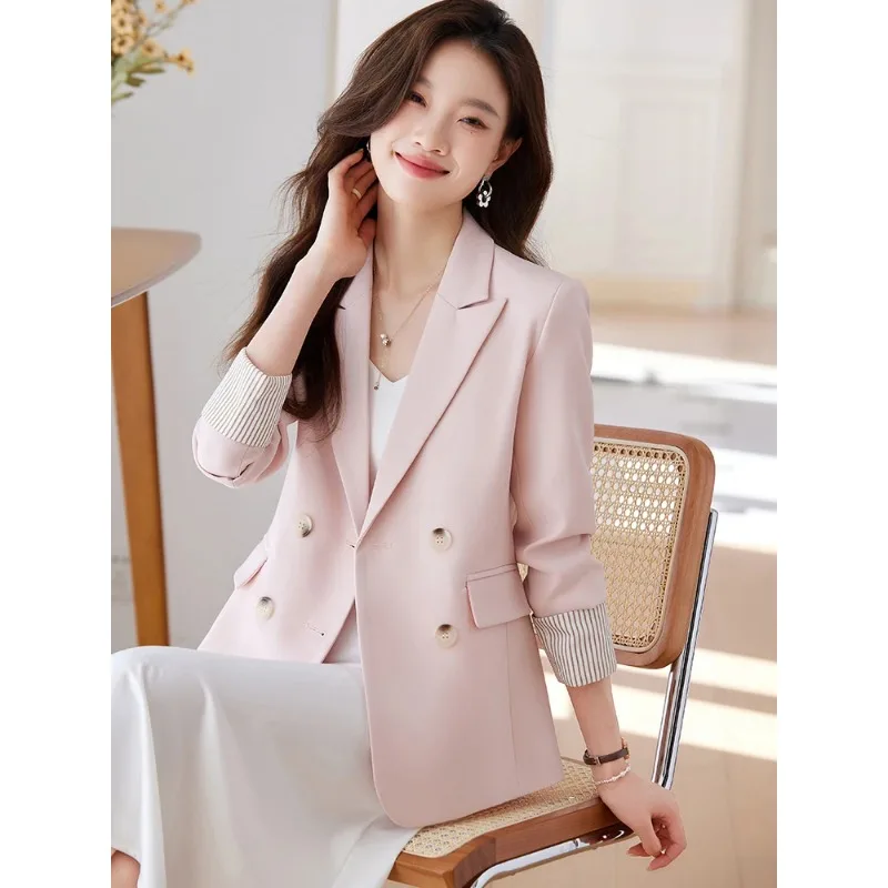 Blazer monocromático de manga comprida feminino, jaqueta feminina do escritório, rosa, cáqui, preto, casaco feminino, outono, primavera, 1 pc