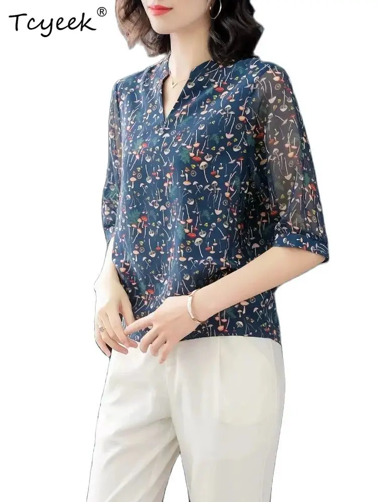 تي شيرت Tcyeek 100% من الحرير الحقيقي للنساء، طباعة نصف كم برقبة على شكل حرف V، بلوزات OL أنيقة على الموضة، بلوزات ربيع 2024 T42232QM #4
