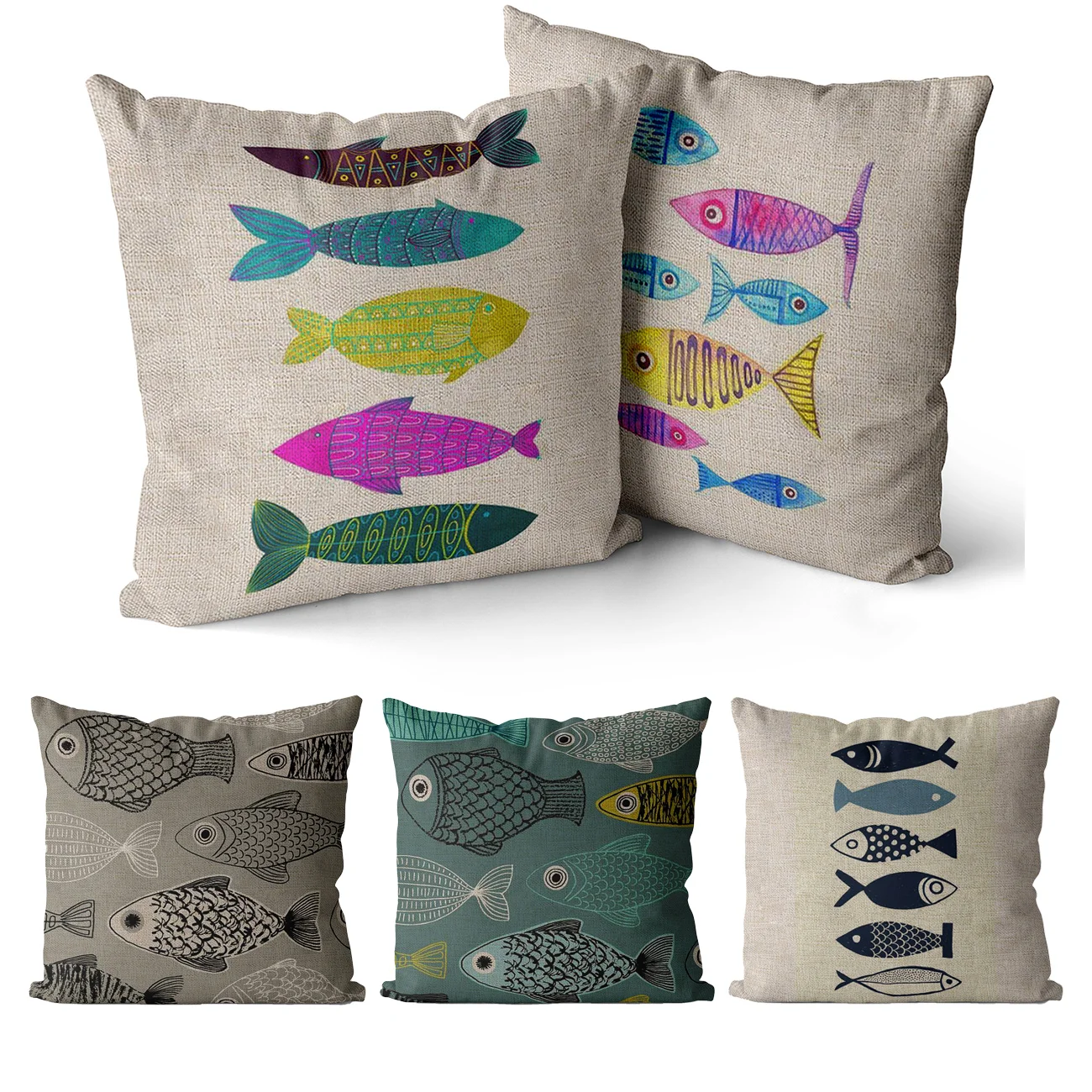 Blue Ocean Pillow Cover for Home Decor, Linen Cushion Cover for Living Room, Animal Color Fish, Farmhouse, 45x45, 40x40