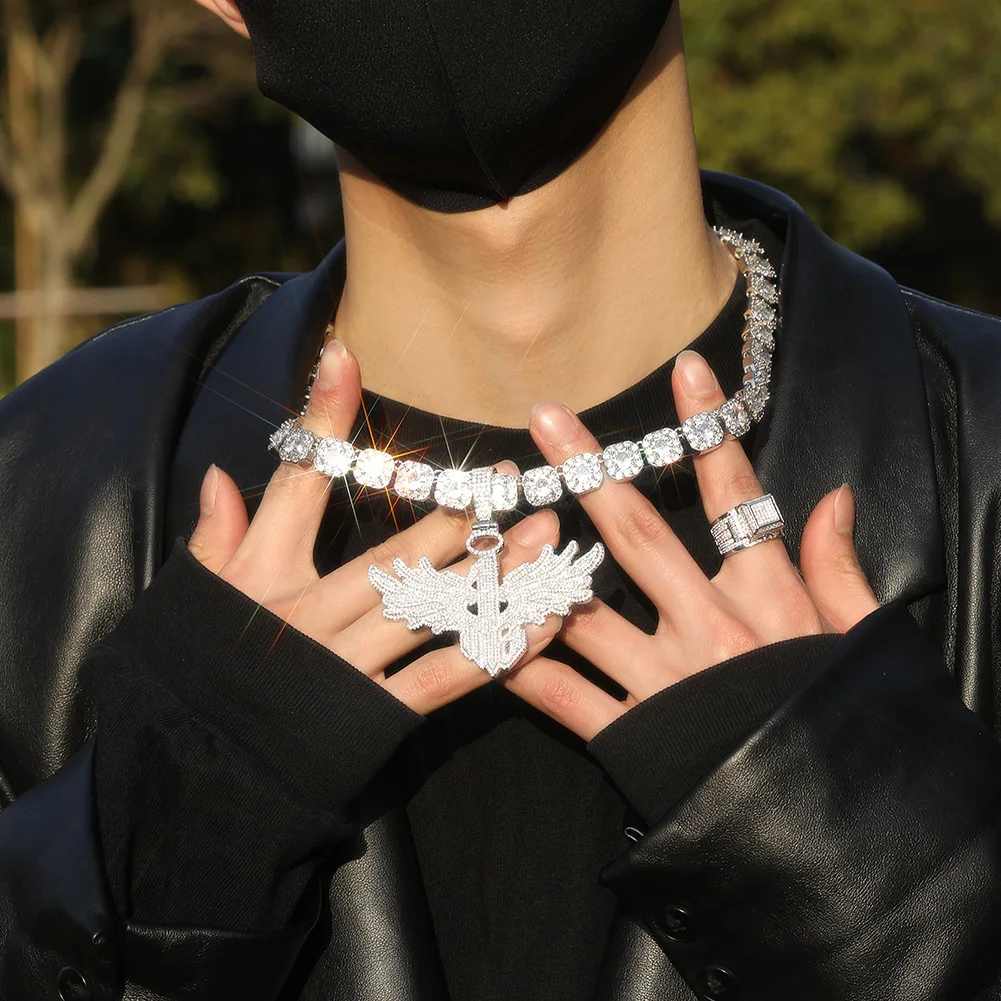 Digital "1" big wing pendant, cool gift for men's hip-hop personality,  fashionable street rap dance nightclub jewelry