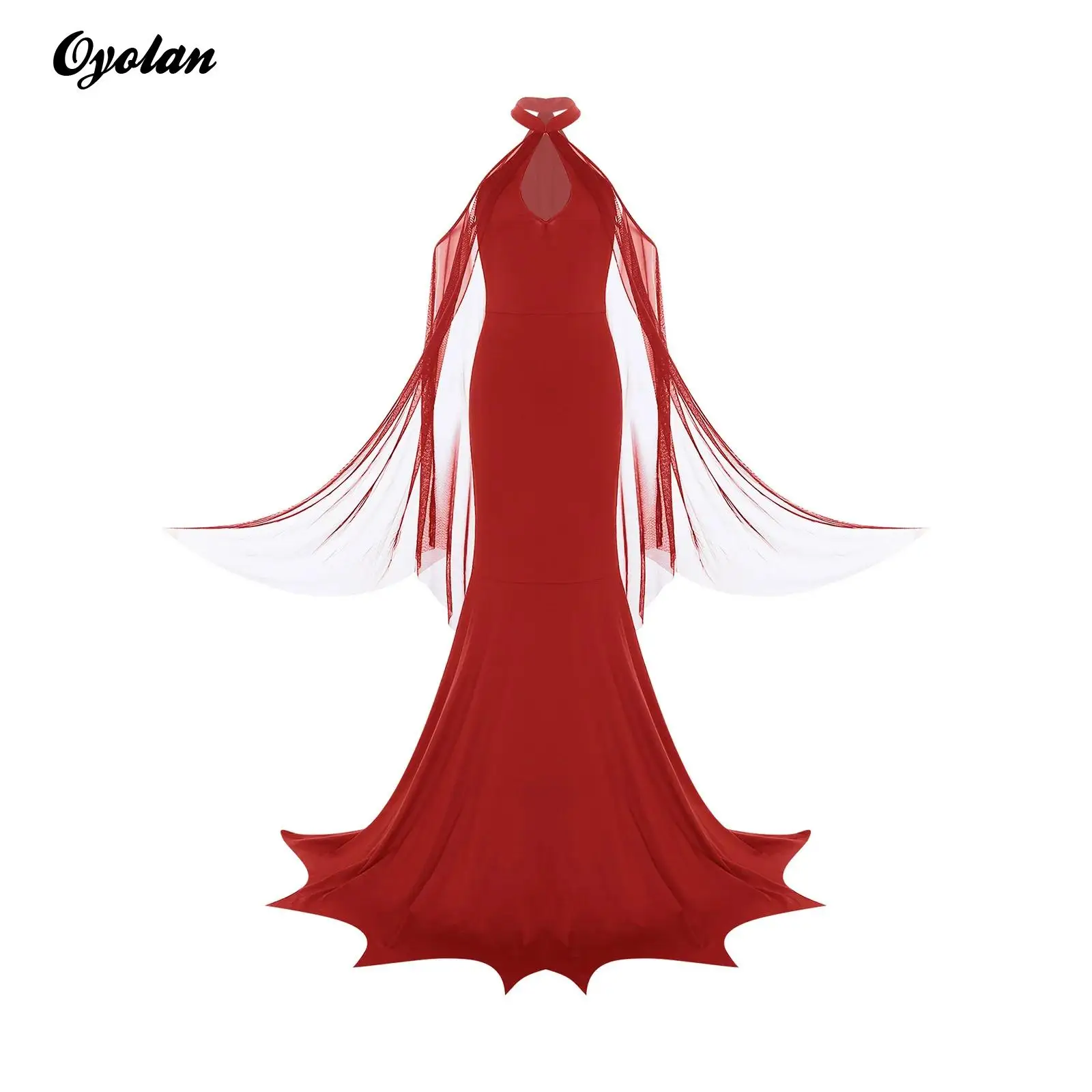 

Womens Vampire Witch Dress Cosplay Costume Halloween Outfits Halter Hollow-out Mesh Cape Jagged Hem Gothic Mermaid Maxi Dress