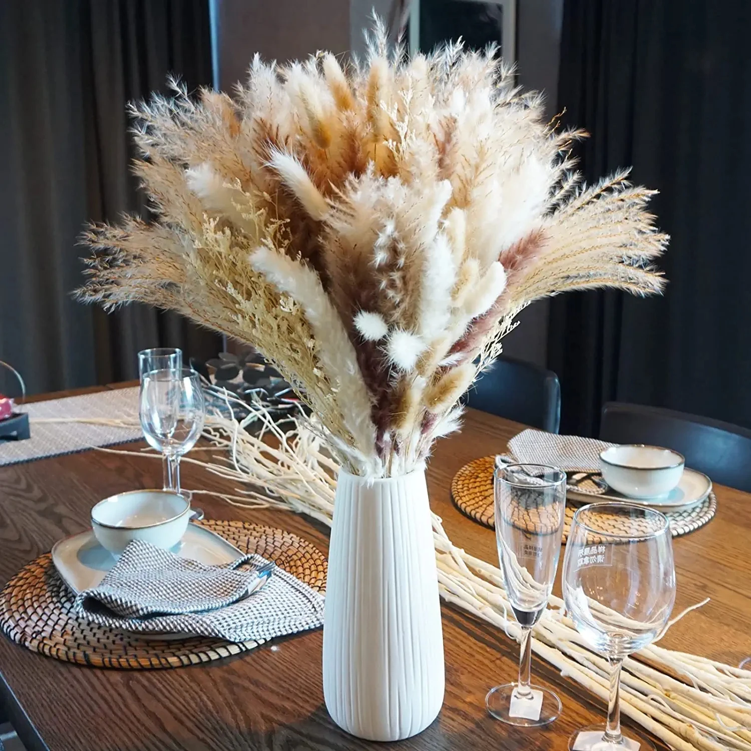 

150Pcs/lot Cream Pampas Grass Fluffy Room Phragmites Decoration Natural Bunny Tail Grass Dried Flowers Bouquet Boho Home Decor