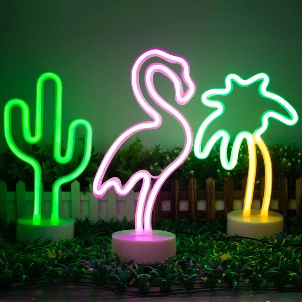 Neon Night Light Sign Flamingo Coconut Tree Cactus Table LED Lamp Kids Birthday Gifts Christmas Art Bedroom Decor Battery/USB