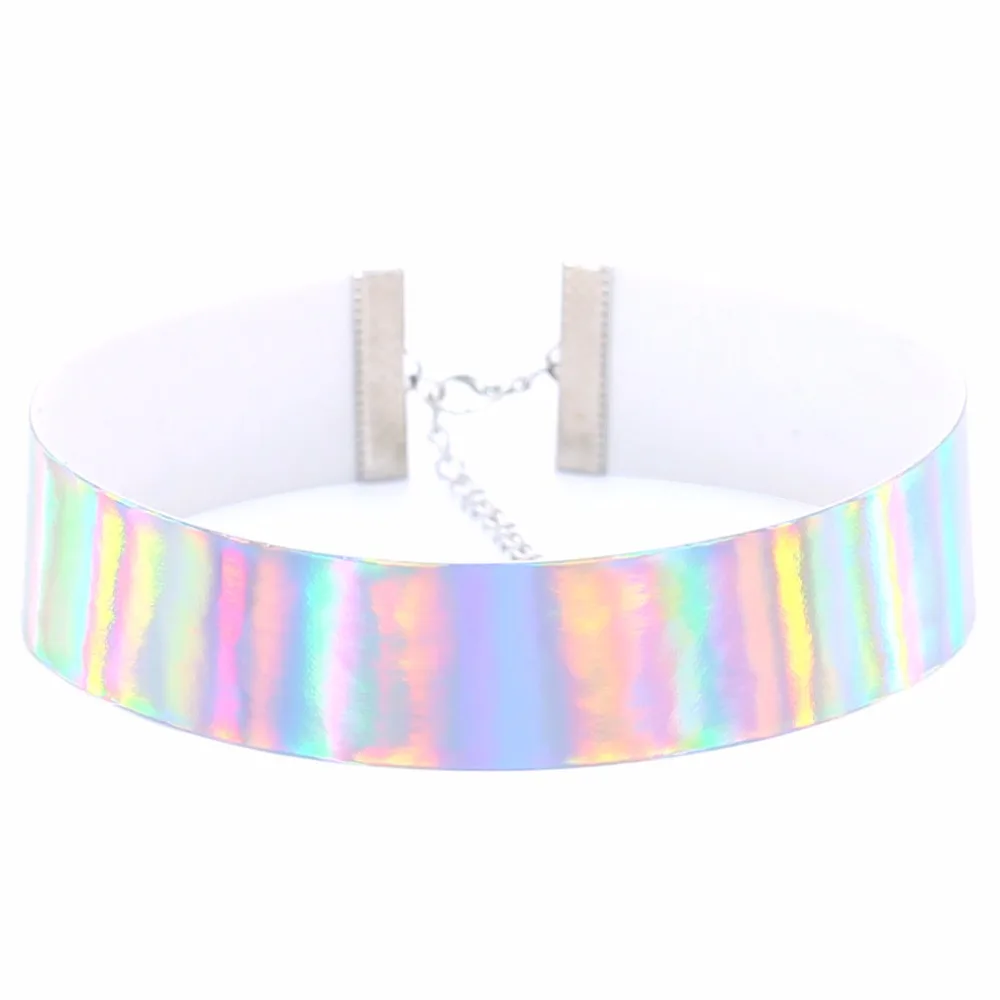 

Trendy Holographic Choker Necklace Women 2020 New PU Leather Chocker Handmade Laser Chocker Rainbow Punk Gothic Necklace