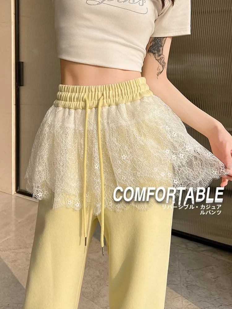 Ballet Style Lace Patchwork Wide Leg Pants Women's Loose Drawstring Cuffed Straight Casual Sports Sweatpants Spring Summer