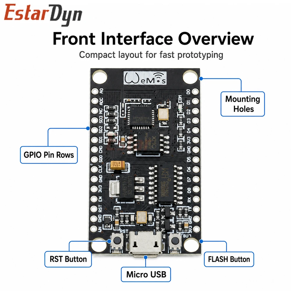Estardyn ESP8266 NodeMCU V3 Development Board CH340G USB-C WiFi Module 4MB Flash Support Lua MicroPython for IoT