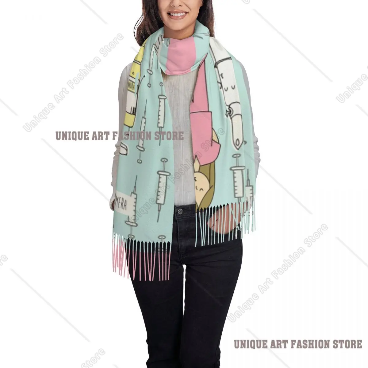 Custom Luxury Cartoon Ladies Nurse Doctor Printed Tassel Scarf Women Winter Fall Warm Shawls Wraps Lady Scarves