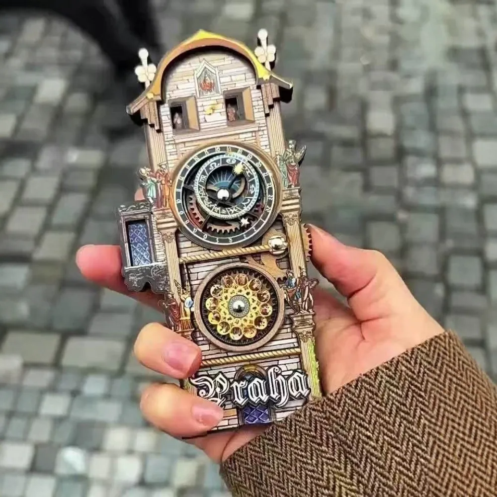 مغناطيس الثلاجة المربعة الخشبية في براغ على الطراز الأوروبي، ديكور الحرف اليدوية، مغناطيس تذكارية للسياحة، تصميم فريد من نوعه