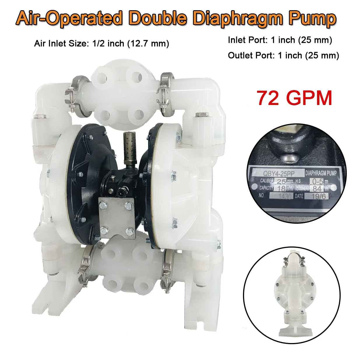 

72GPM Air-Operated Double Diaphragm Pump 1"(25mm) Inlet & Outlet 120 psi Industrial Diaphragm Pump for Chemical Fluids