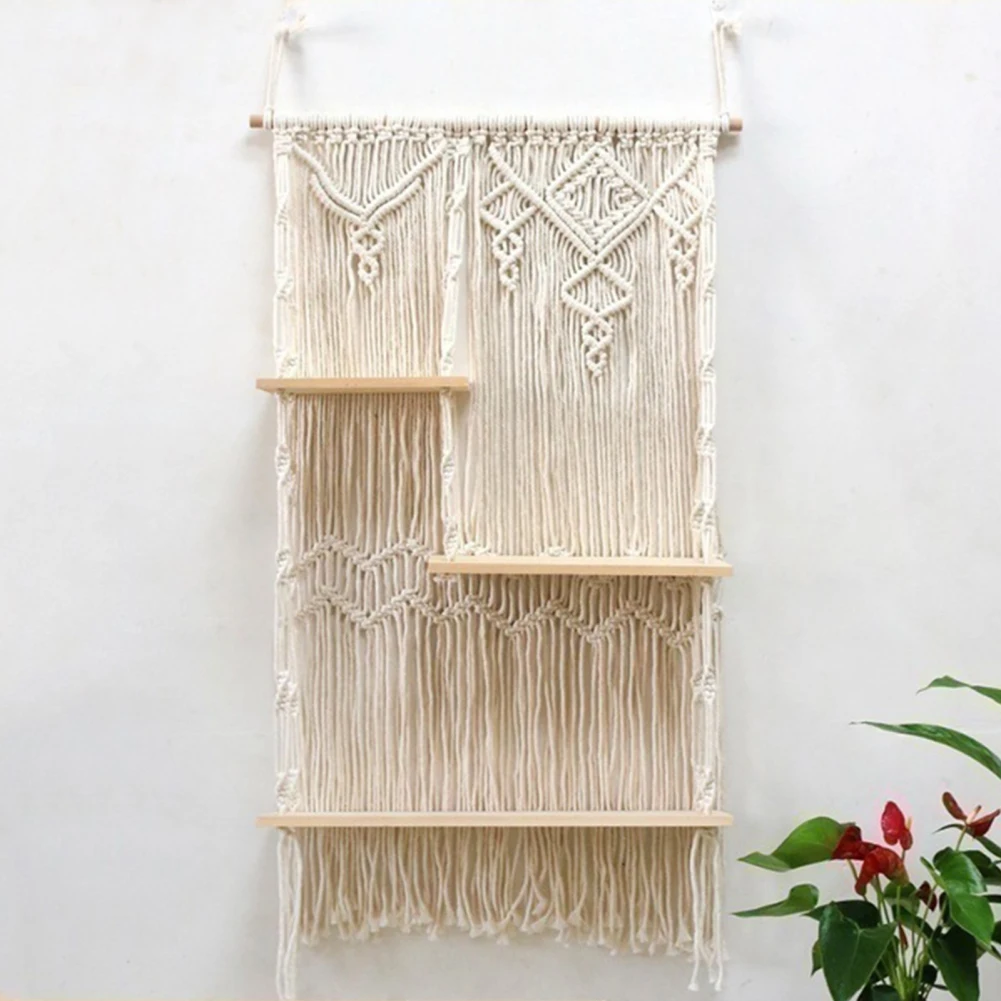 3 Tier Macrame Wall Hanging Shelf Decorative Bohemian Floating Plants Room Storage Shelving Macrame Rope For Home Storage