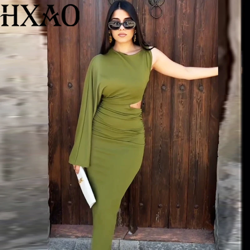 HXAO ชุดเดรสสีเขียวของผู้หญิงคัตเอาท์ฤดูร้อนชุดยาวไหล่เดียวแขนยาวชุดเดรสปาร์ตี้หรูหราบอดี้คอนรุชชุดมิดิ