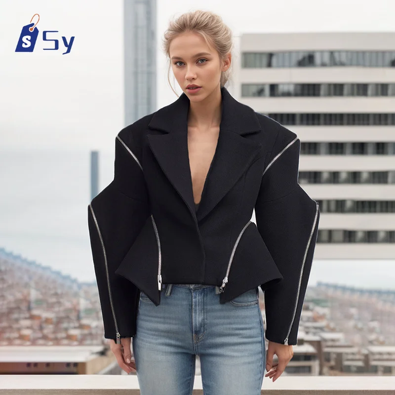 Sy2024 Double Style Solid Stitching Zipper Casual Women's Jacket V-neck Long Sleeve Stitching Button Temperament Coat Women's