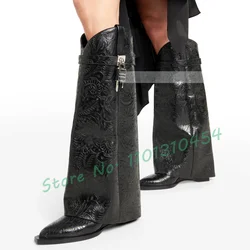 Black Flower Print Knee High Boots With Lock Women Catwalk Pointy Toe Fold Over Shoes Female Fashion Winter Wedges Biker Boots