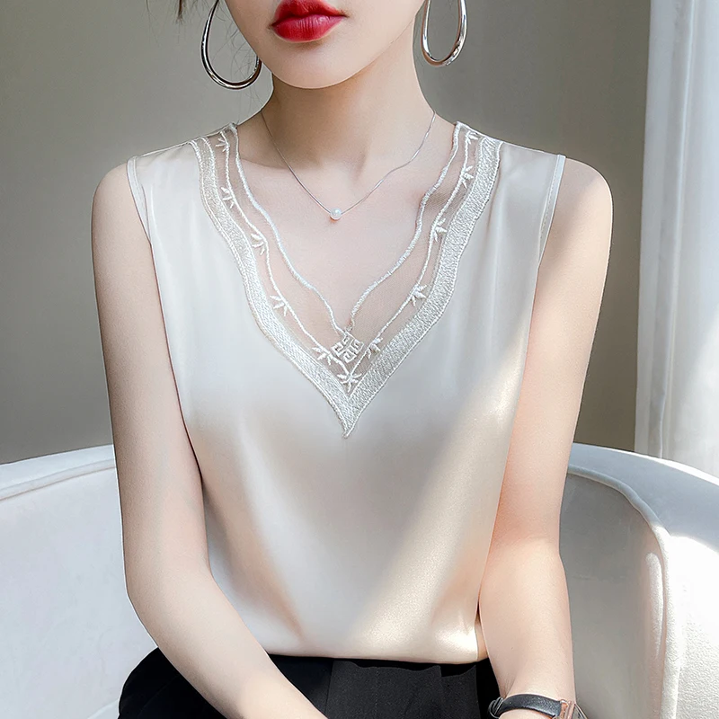 

Spring and Summer Tops, Silk Satin Bottoming Shirts, Women's Lace Vest Bottoming Shirts, Silk Suspenders, Versatile Sleeveless French Loose Tops for Women