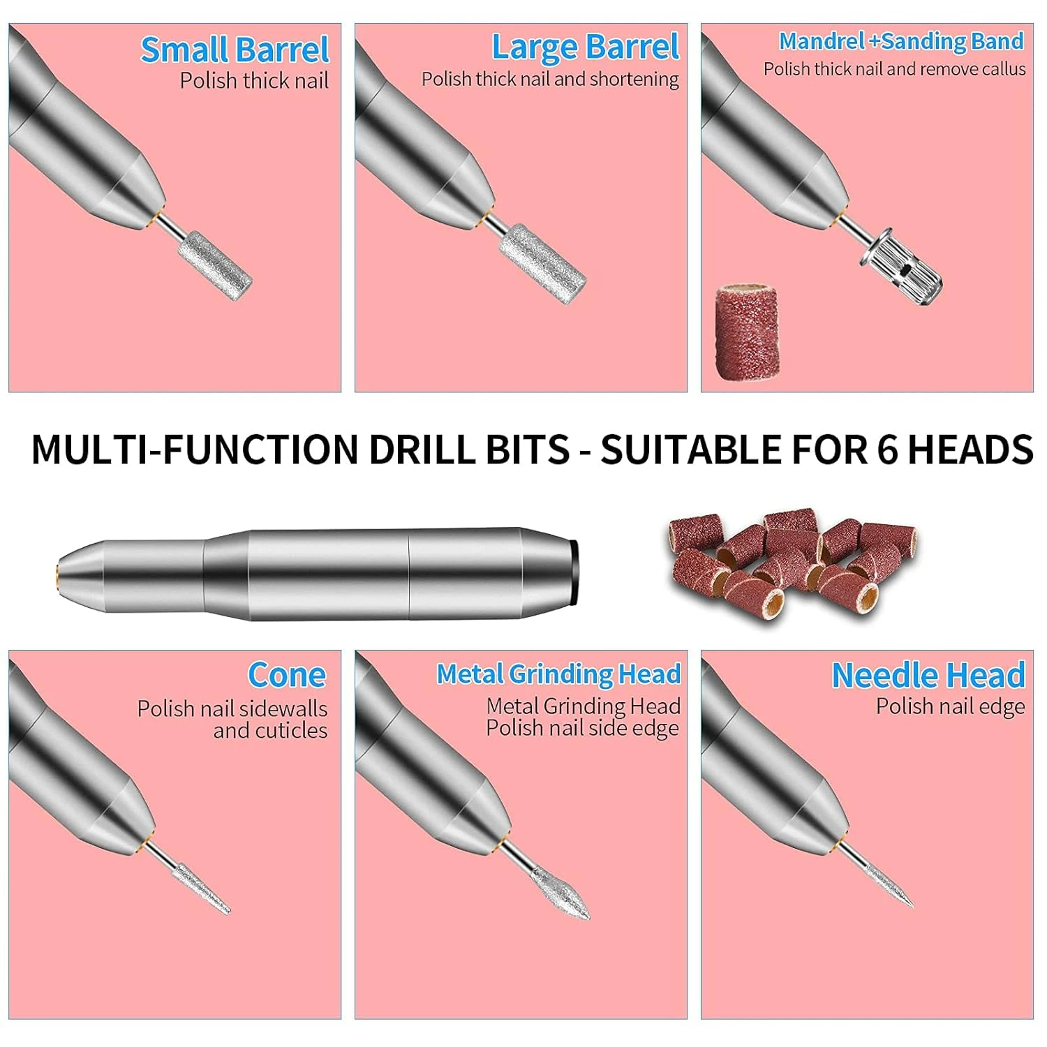 Portable Professional Nail Drill Set for Manicures & Pedicures – USB Rechargeable with 6 Sanding Bands & 6 Heads for Acrylic N