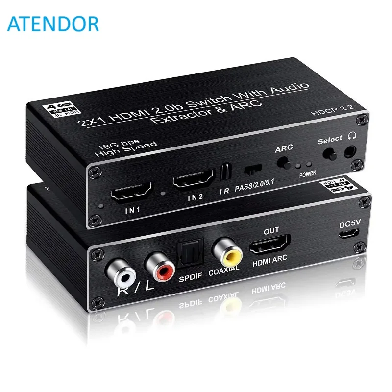 

4K 2x1 HDMI2.0b Switch 2 Input 1 Output 4K@60Hz Switcher Box with ARC Remote Optical Toslink SPDIF+Coaxial+Analog RCA Audio