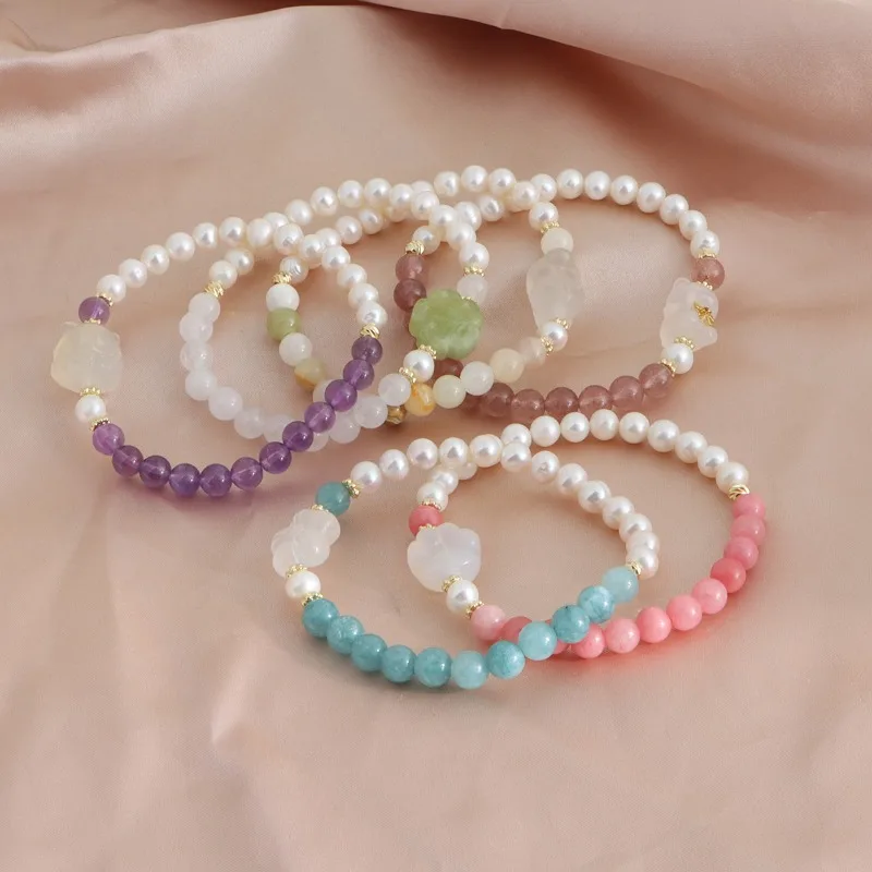 

Minar Lovely Multicolor Natural Stone Crystal Agalmatolite Freshwater Pearl Cat Flower Bear Strand Charm Bracelets for Women