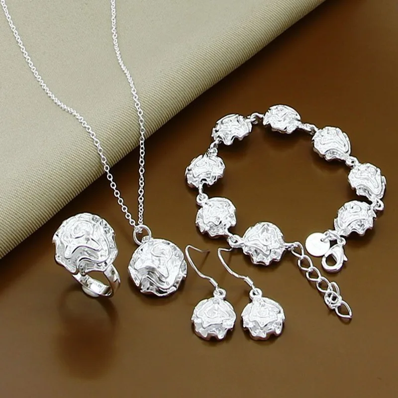 

925 Sterling Silver Set Rose Necklace Bracelet Earrings Ring Set Ladies Fashion Simple Birthday Wedding Anniversary Jewelry Gift
